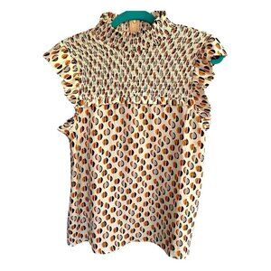 THML Anthropologie Shirt Ruffle Sleeve Preppy Smocked Top Cream Brown Size Large